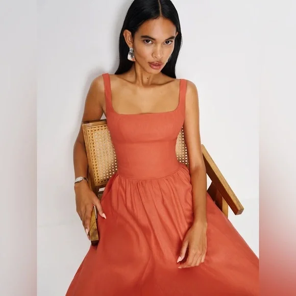NEW Reformation Janu Midi Linen Dress Red Coral Orange | US 0 UK 4 - Picture 3 of 16